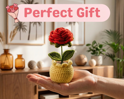 Dekorly Handmade Crochet Red Rose Flower Pot Décor – Yarn Floral Tabletop Showpiece for Home, Office & Gift Use (6 Inch Height)