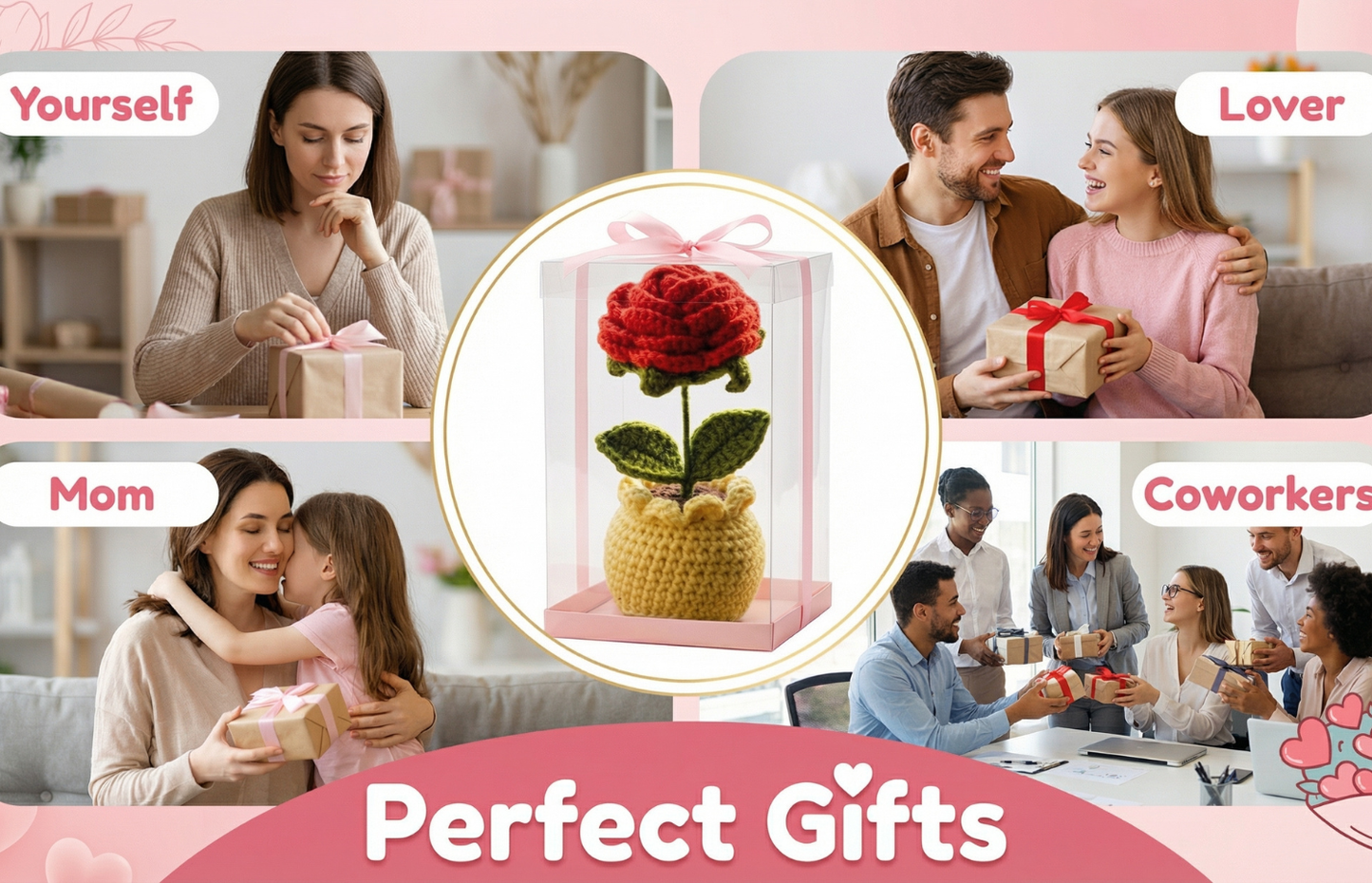 Dekorly Handmade Crochet Red Rose Flower Pot Décor – Yarn Floral Tabletop Showpiece for Home, Office & Gift Use (6 Inch Height)