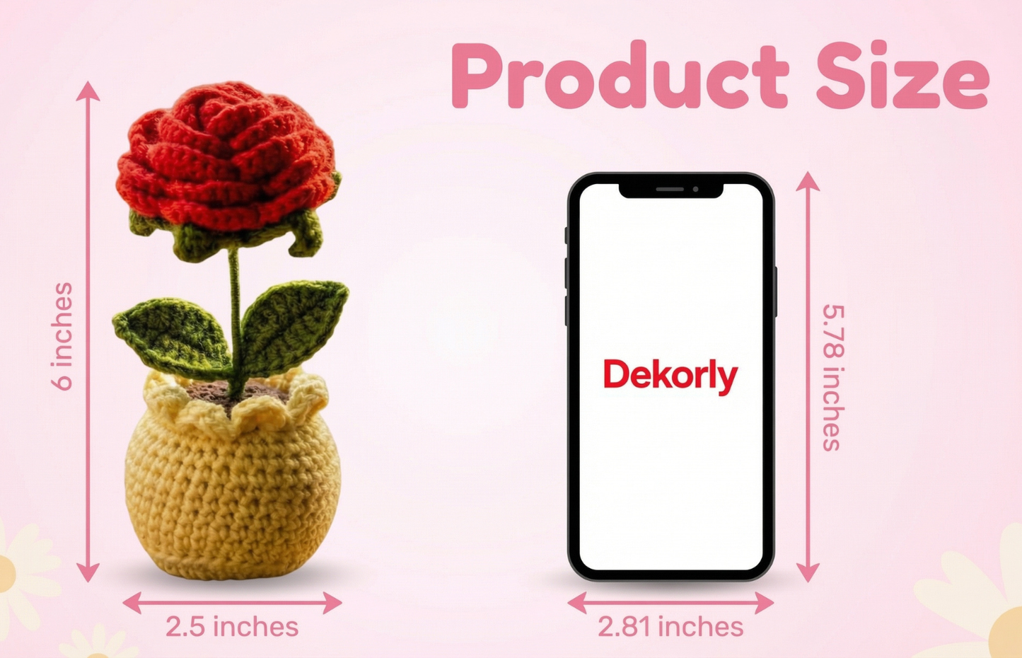 Dekorly Handmade Crochet Red Rose Flower Pot Décor – Yarn Floral Tabletop Showpiece for Home, Office & Gift Use (6 Inch Height)