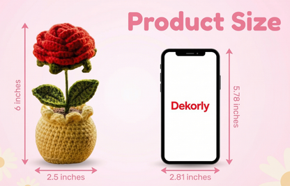 Dekorly Handmade Crochet Red Rose Flower Pot Décor – Yarn Floral Tabletop Showpiece for Home, Office & Gift Use (6 Inch Height)