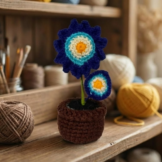 Dekorly Handmade Crochet Blue Flower Pot Décor – Yarn Floral Tabletop Showpiece for Home, Office & Gifting (6 Inch Height)
