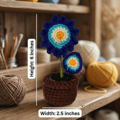 Dekorly Handmade Crochet Blue Flower Pot Décor – Yarn Floral Tabletop Showpiece for Home, Office & Gifting (6 Inch Height)