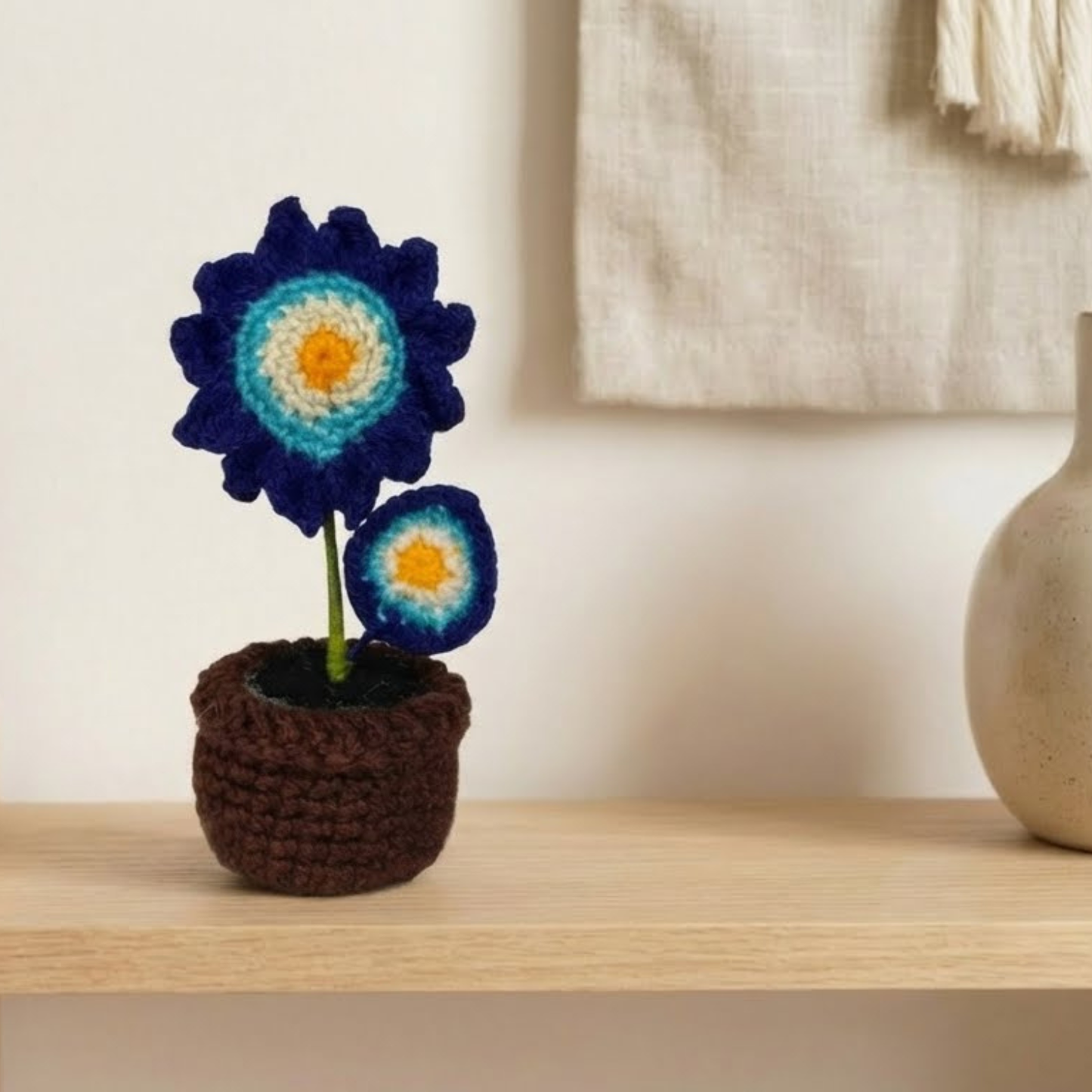 Dekorly Handmade Crochet Blue Flower Pot Décor – Yarn Floral Tabletop Showpiece for Home, Office & Gifting (6 Inch Height)