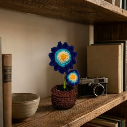 Dekorly Handmade Crochet Blue Flower Pot Décor – Yarn Floral Tabletop Showpiece for Home, Office & Gifting (6 Inch Height)
