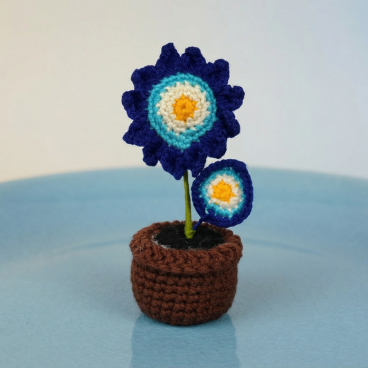 Dekorly Handmade Crochet Blue Flower Pot Décor – Yarn Floral Tabletop Showpiece for Home, Office & Gifting (6 Inch Height)