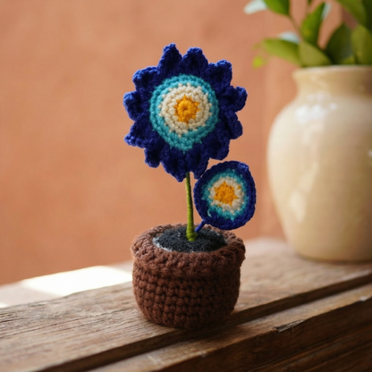 Dekorly Handmade Crochet Blue Flower Pot Décor – Yarn Floral Tabletop Showpiece for Home, Office & Gifting (6 Inch Height)