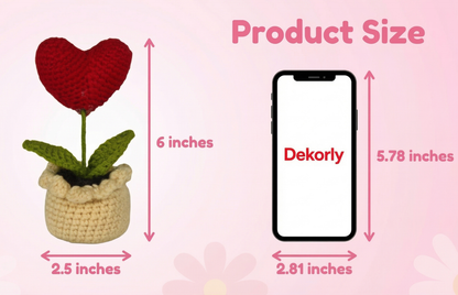 Dekorly Crochet Heart Flower Décor – Handcrafted Yarn Love Pot for Home Decoration & Valentine Gifting (6 Inches Tall)