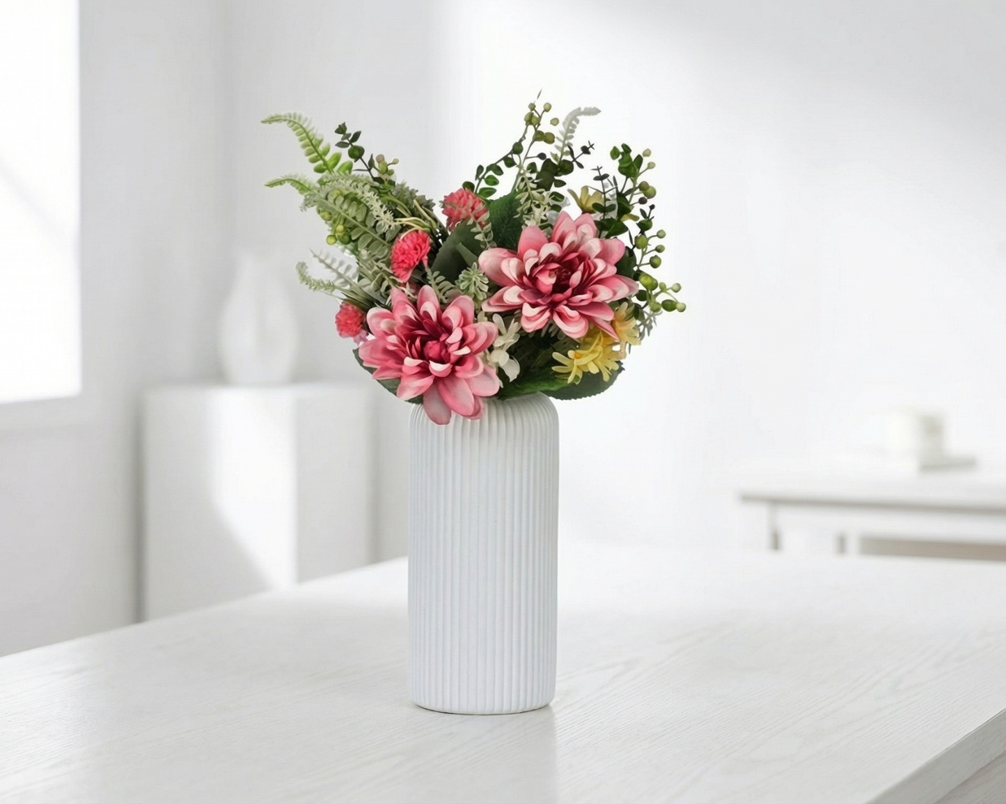 Dekorly Artificial Chrysanthemum Flower Plant – 40 cm Realistic Faux Floral Arrangement with White Plastic Pot for Home, Living Room & Office Table Decor, Elegant Gift Item