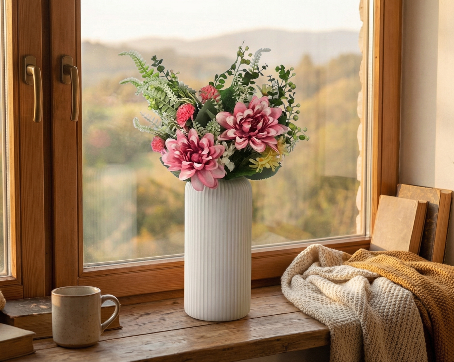 Dekorly Artificial Chrysanthemum Flower Plant – 40 cm Realistic Faux Floral Arrangement with White Plastic Pot for Home, Living Room & Office Table Decor, Elegant Gift Item