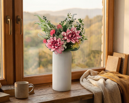 Dekorly Artificial Chrysanthemum Flower Plant – 40 cm Realistic Faux Floral Arrangement with White Plastic Pot for Home, Living Room & Office Table Decor, Elegant Gift Item