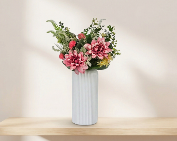 Dekorly Artificial Chrysanthemum Flower Plant – 40 cm Realistic Faux Floral Arrangement with White Plastic Pot for Home, Living Room & Office Table Decor, Elegant Gift Item