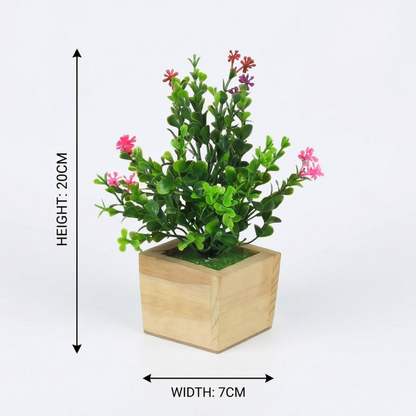 Dekorly Artificial Green Plants Pack of 4 with Wooden Pots | 20 cm Decorative Indoor Tabletop & Shelf Plants for Home, Office & Living Room
