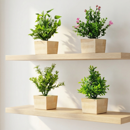 Dekorly Artificial Green Plants Pack of 4 with Wooden Pots | 20 cm Decorative Indoor Tabletop & Shelf Plants for Home, Office & Living Room