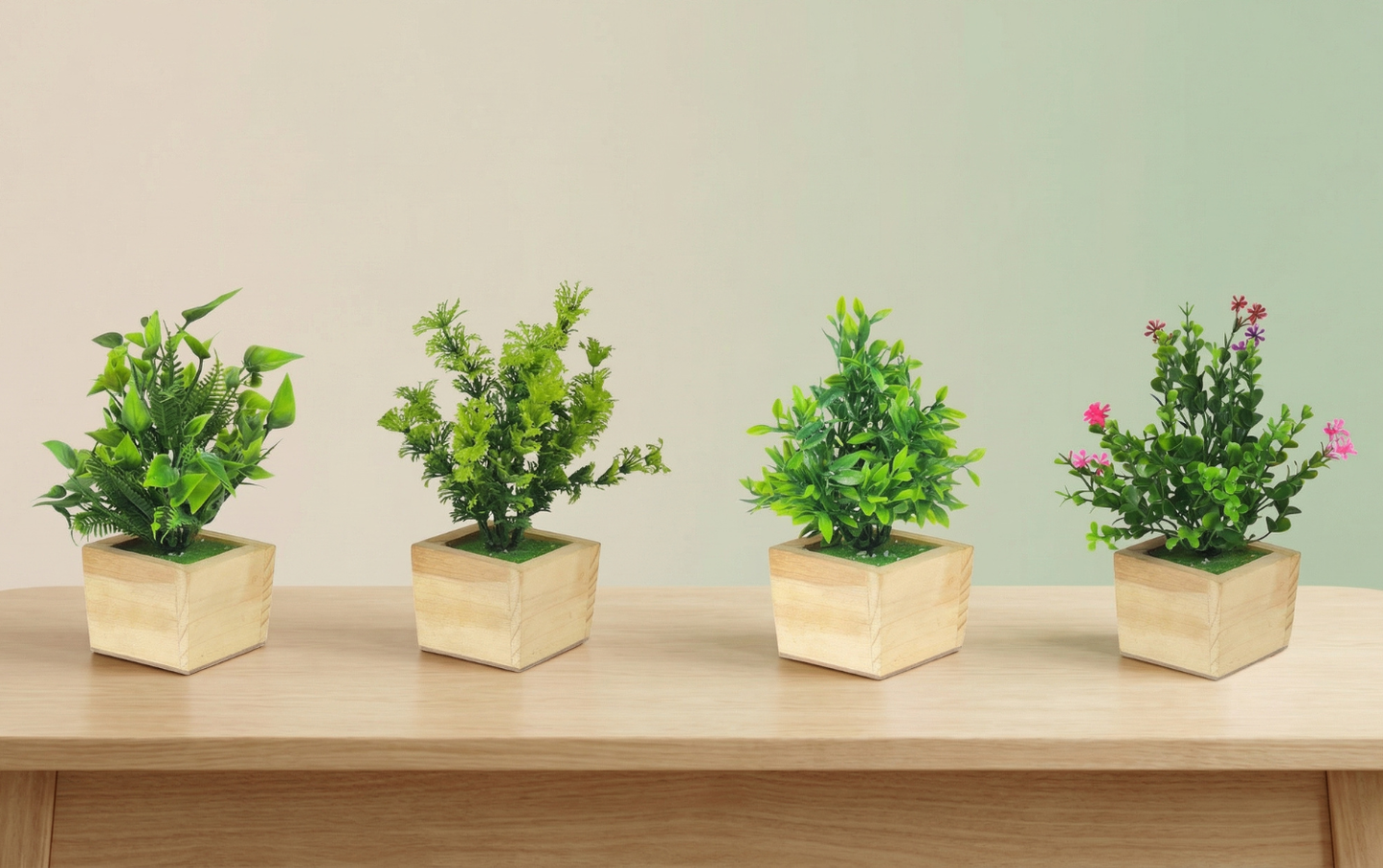 Dekorly Artificial Green Plants Pack of 4 with Wooden Pots | 20 cm Decorative Indoor Tabletop & Shelf Plants for Home, Office & Living Room