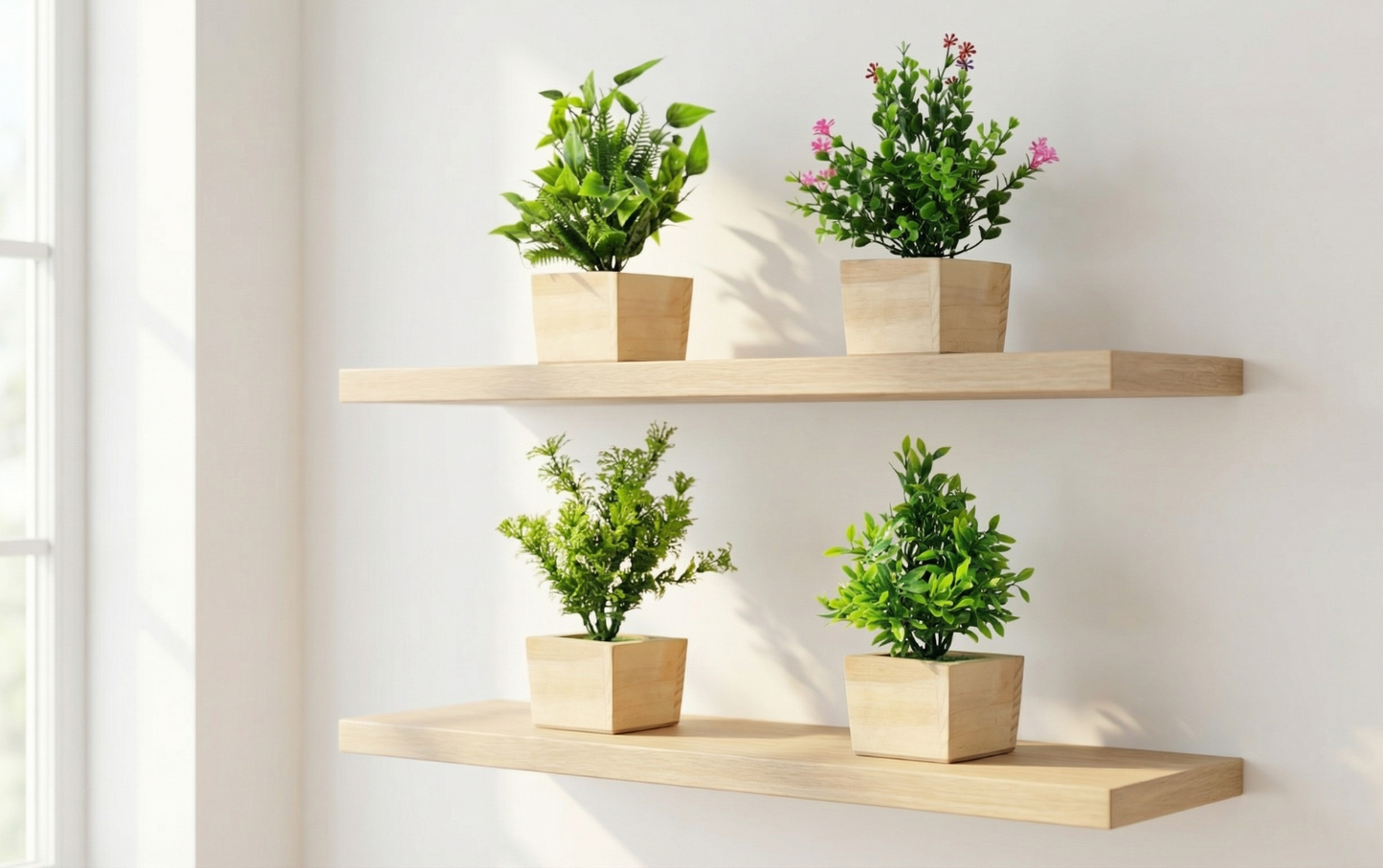 Dekorly Artificial Green Plants Pack of 4 with Wooden Pots | 20 cm Decorative Indoor Tabletop & Shelf Plants for Home, Office & Living Room