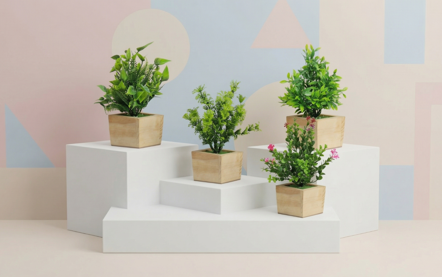 Dekorly Artificial Green Plants Pack of 4 with Wooden Pots | 20 cm Decorative Indoor Tabletop & Shelf Plants for Home, Office & Living Room