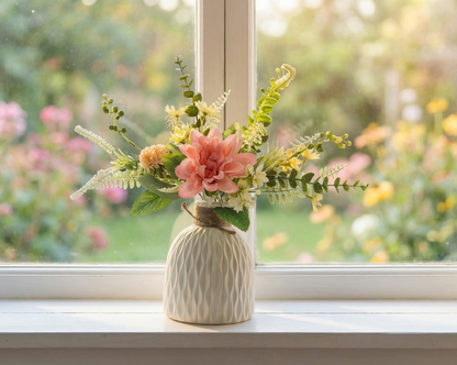 Dekorly Artificial Chrysanthemum Flower Arrangement with Textured Ceramic Vase | 30 cm Tall | Realistic Decorative Floral for Home, Office, Table & Shelf Décor (Free Vase)