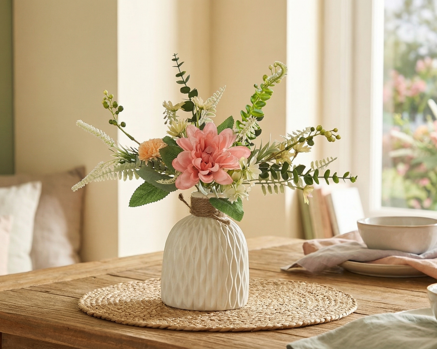 Dekorly Artificial Chrysanthemum Flower Arrangement with Textured Ceramic Vase | 30 cm Tall | Realistic Decorative Floral for Home, Office, Table & Shelf Décor (Free Vase)