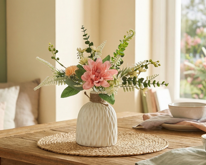 Dekorly Artificial Chrysanthemum Flower Arrangement with Textured Ceramic Vase | 30 cm Tall | Realistic Decorative Floral for Home, Office, Table & Shelf Décor (Free Vase)