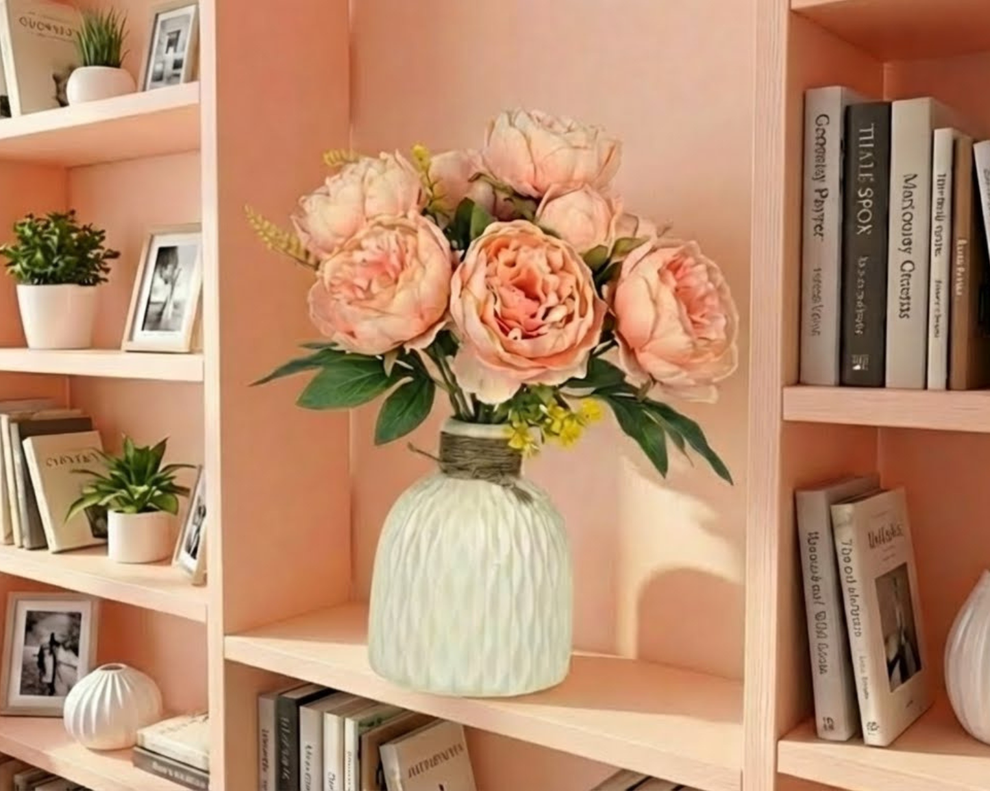 Dekorly Artificial Peony Flower Arrangement with WhiteVase | Premium Faux Floral Tabletop Decor for Home, Office & Living Room | 30 cm
