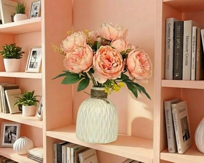 Dekorly Artificial Peony Flower Arrangement with WhiteVase | Premium Faux Floral Tabletop Decor for Home, Office & Living Room | 30 cm