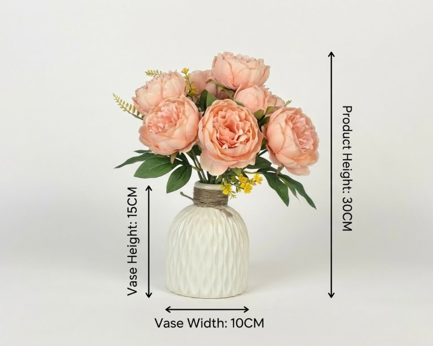 Dekorly Artificial Peony Flower Arrangement with WhiteVase | Premium Faux Floral Tabletop Decor for Home, Office & Living Room | 30 cm
