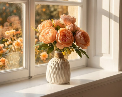 Dekorly Artificial Peony Flower Arrangement with WhiteVase | Premium Faux Floral Tabletop Decor for Home, Office & Living Room | 30 cm