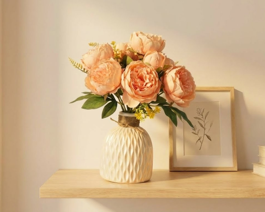 Dekorly Artificial Peony Flower Arrangement with WhiteVase | Premium Faux Floral Tabletop Decor for Home, Office & Living Room | 30 cm