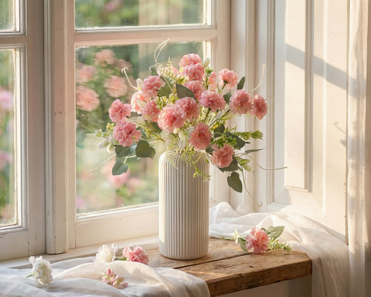 Dekorly Artificial Carnation Flower Arrangement for Home Décor | Premium Floral Bunch in Vase | Table, Shelf & Living Room Decoration | 40 cm