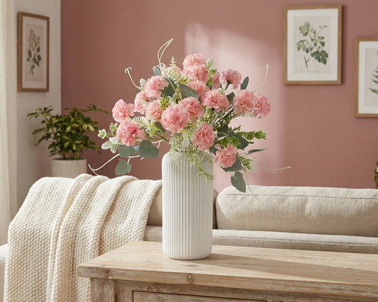 Dekorly Artificial Carnation Flower Arrangement for Home Décor | Premium Floral Bunch in Vase | Table, Shelf & Living Room Decoration | 40 cm