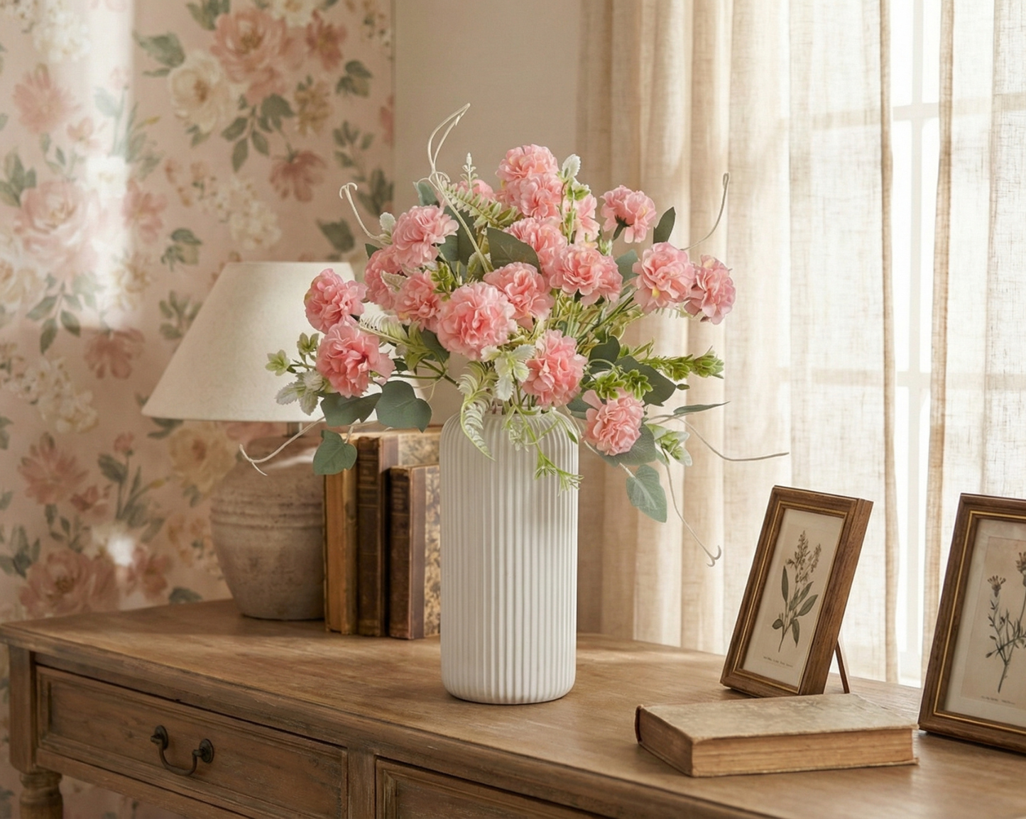 Dekorly Artificial Carnation Flower Arrangement for Home Décor | Premium Floral Bunch in Vase | Table, Shelf & Living Room Decoration | 40 cm