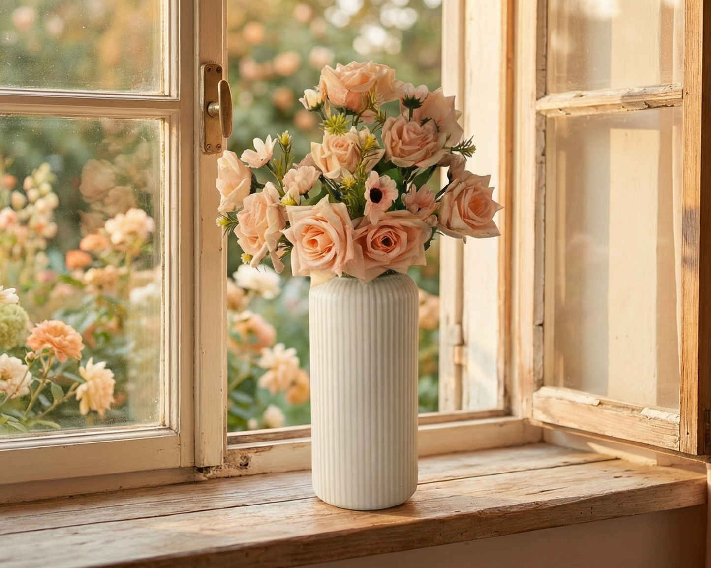 Dekorly Artificial Rose Flower Arrangement 40 cm | Faux Flowers with Decorative Vase for Home Décor, Living Room, Bedroom & Office