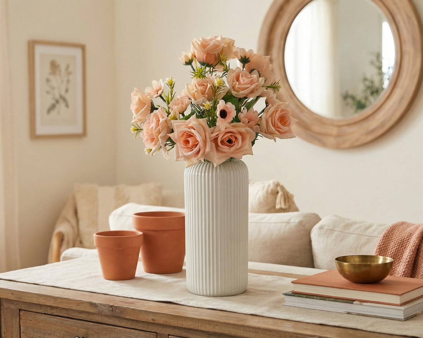 Dekorly Artificial Rose Flower Arrangement 40 cm | Faux Flowers with Decorative Vase for Home Décor, Living Room, Bedroom & Office