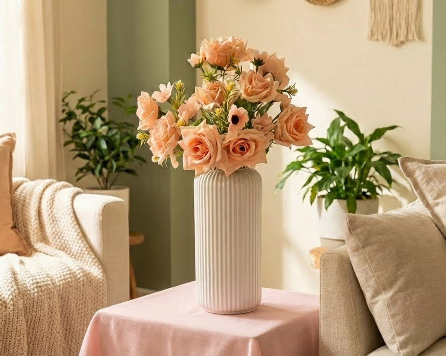 Dekorly Artificial Rose Flower Arrangement 40 cm | Faux Flowers with Decorative Vase for Home Décor, Living Room, Bedroom & Office
