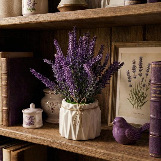 Dekorly Artificial Metallic Look Lavender Plant 18cm in Pot | Faux Lavender Flower for Home Decor, Office Desk, Living Room Table, Bedroom Shelf Decoration
