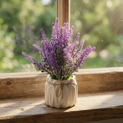 Dekorly Artificial Metallic Look Lavender Plant 18cm in Pot | Faux Lavender Flower for Home Decor, Office Desk, Living Room Table, Bedroom Shelf Decoration