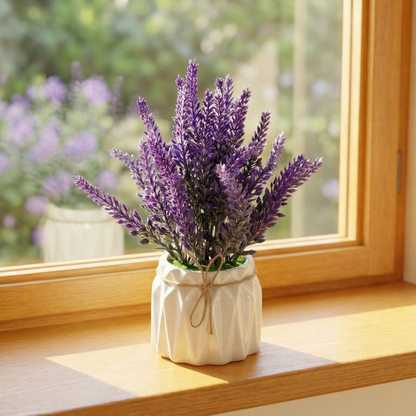 Dekorly Artificial Metallic Look Lavender Plant 18cm in Pot | Faux Lavender Flower for Home Decor, Office Desk, Living Room Table, Bedroom Shelf Decoration