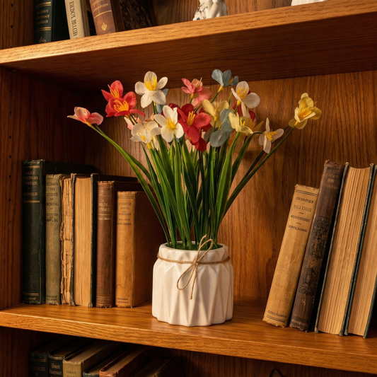 Dekorly Artificial Grass Lily Flowers Multicolor 18cm in Pot | Faux Flower Plant for Home Decor, Office Desk, Living Room Table, Bedroom Shelf Decoration