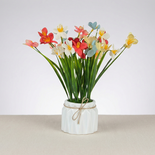 Dekorly Artificial Grass Lily Flowers Multicolor 18cm in Pot | Faux Flower Plant for Home Decor, Office Desk, Living Room Table, Bedroom Shelf Decoration