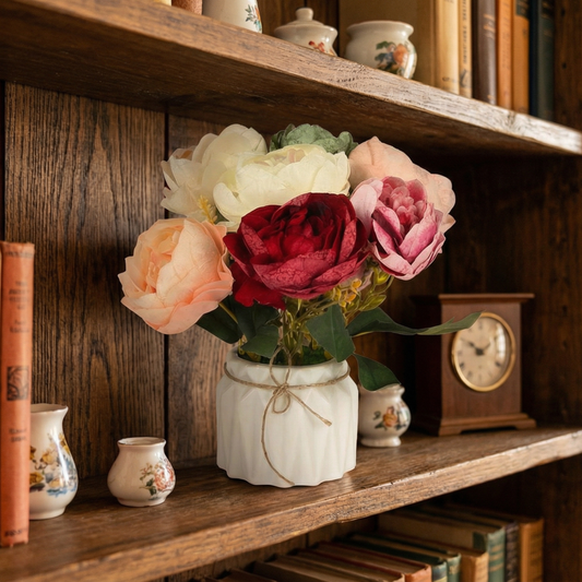 Dekorly Artificial Peony Flowers Multicolor 18cm in Pot | Premium Faux Flower Plant for Home Decor, Office Desk, Living Room Table, Bedroom Shelf Decoration