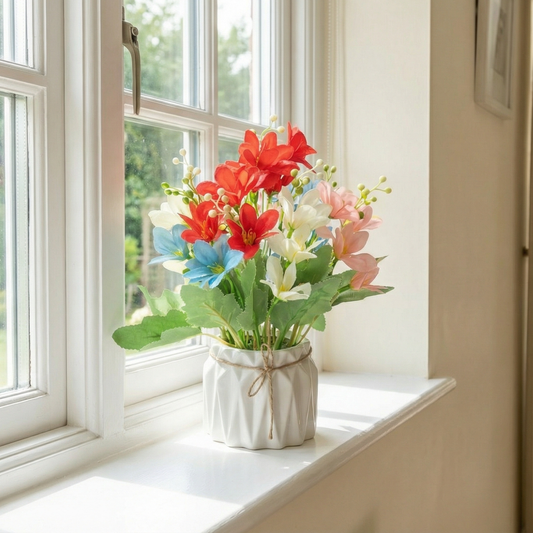 Dekorly Artificial Mini Lily Flowers Multicolor 18cm in Pot | Faux Flower Plant for Home Decor, Office Desk, Living Room Table, Bedroom Shelf Decoration