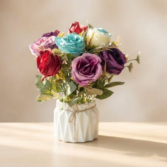 Dekorly Artificial Big Rose Flowers Multicolor in Pot | Premium Faux Rose Flower Plant for Home Decor, Office Desk, Living Room Table, Bedroom Shelf Decoration