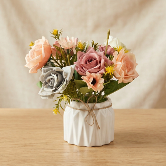 Dekorly Artificial Rose Flowers Multicolor 18cm in Pot | Premium Faux Flower Plant for Room Decor, Table Decor, Home & Office Decoration