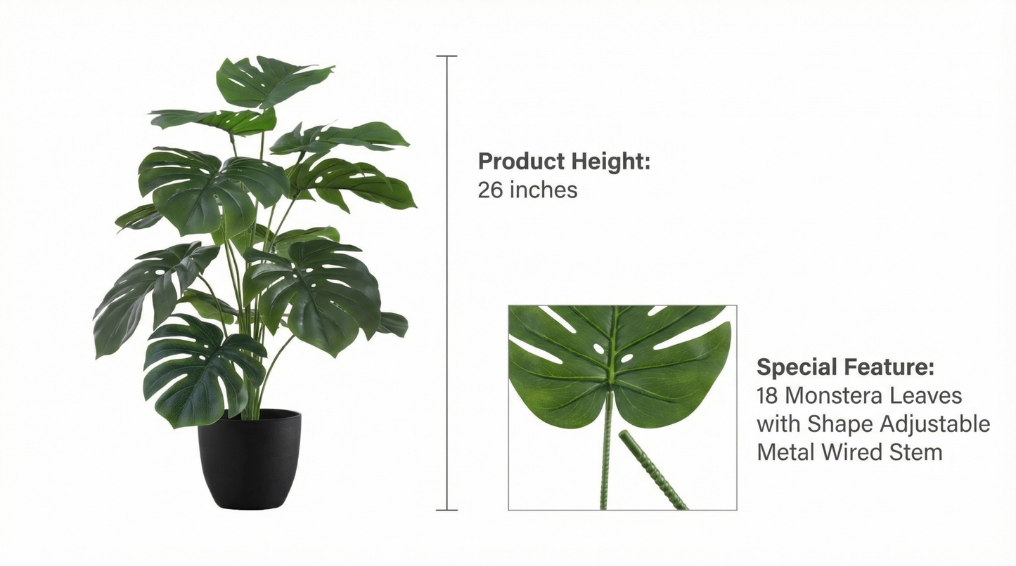 Dekorly Monstera Artificial Plant 26 Inches | 18 Leaves Realistic Faux Indoor Floor Plant with Pot for Home Living Room Office Decor