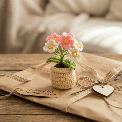 Dekorly Handmade Mini Crochet Daisy Flower Plant with Pot – Pink & White Yarn Flowers for Home, Desk & Gift Decor