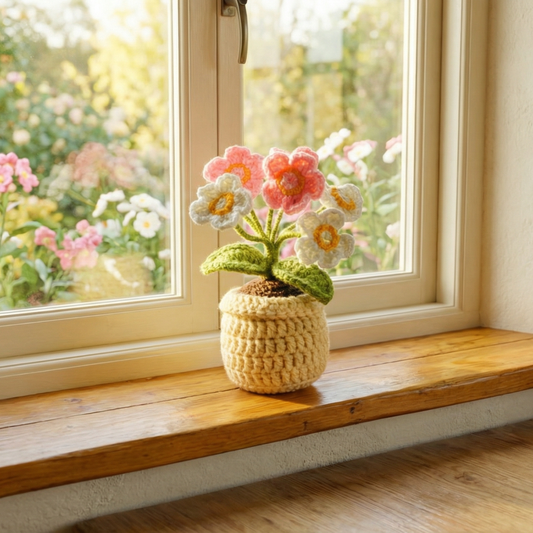 Dekorly Handmade Mini Crochet Daisy Flower Plant with Pot – Pink & White Yarn Flowers for Home, Desk & Gift Decor
