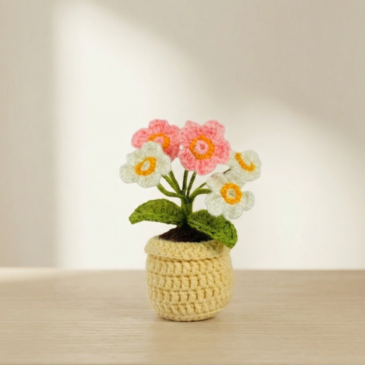 Dekorly Handmade Mini Crochet Daisy Flower Plant with Pot – Pink & White Yarn Flowers for Home, Desk & Gift Decor