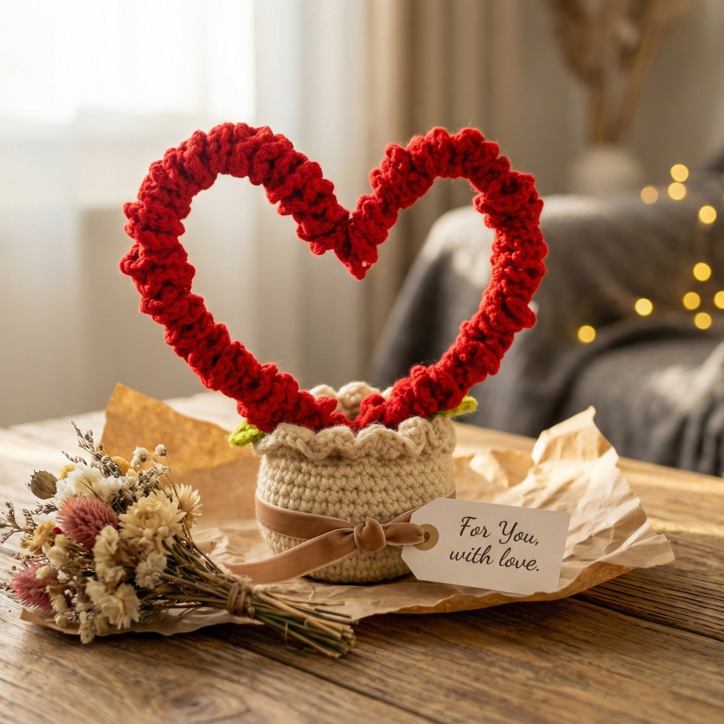 Dekorly Handmade Crochet Heart Plant with Pot – Love-Themed Yarn Decor for Home, Desk & Romantic Gifting