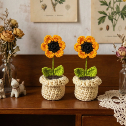 Dekorly Handmade Crochet Sunflower Plant with Pot – Pack of 2, Yarn Flower Home & Desk Decor Gift Set