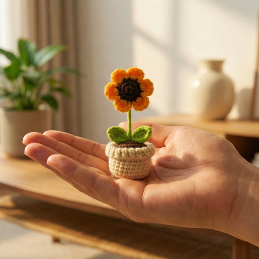 Dekorly Handmade Crochet Sunflower Plant with Pot – Pack of 2, Yarn Flower Home & Desk Decor Gift Set